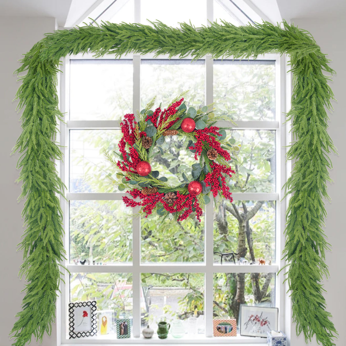Artificial Pine Garland with Berries and Lights for Christmas and Holiday Decor