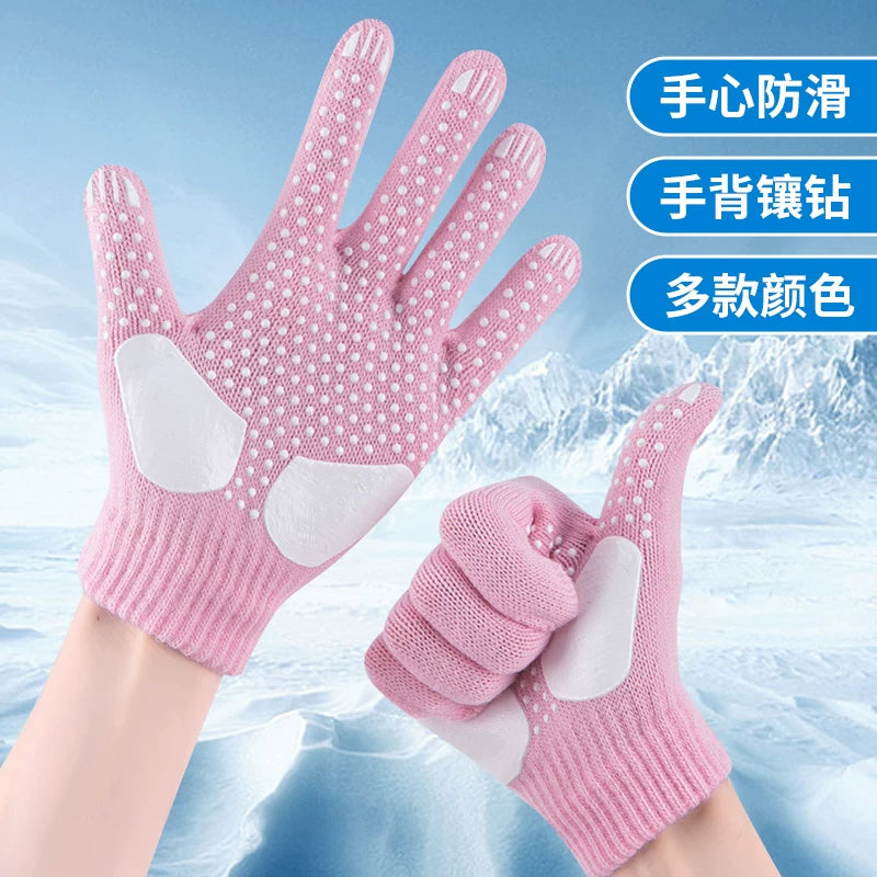 Figure Skating Gloves for Kids & Adults - Anti-Slip, Rhinestone Embellished, Waterproof, Thickened Knit