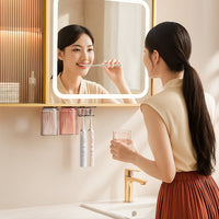 Magnetic Toothbrush Holder with Inverted Mouthwash Cups, Wall-Mounted, Punch-Free, Drainage Design for Family Bathroom