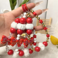 Christmas Red and White Phone Chain with Plush Ball and Beaded Keychain for Bags and Earphone Cases