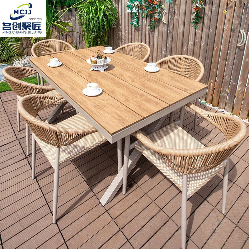 Outdoor Patio Dining Set, All-Weather Aluminum Rattan Woven Chairs and Plastic Wood Table Combination for Garden