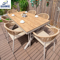 Outdoor Patio Dining Set, All-Weather Aluminum Rattan Woven Chairs and Plastic Wood Table Combination for Garden