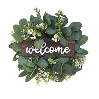American Welcome Eucalyptus Wreath with Wooden Sign for Front Door Decor