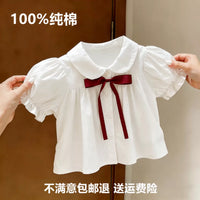 Girls' 100% Cotton Peter Pan Collar Puff Sleeve Bow Blouse