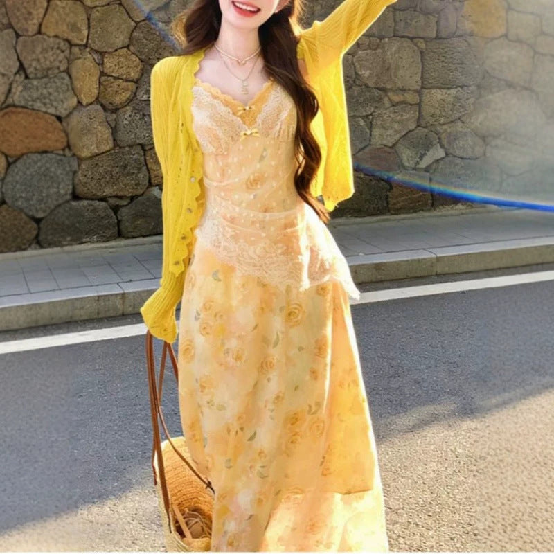 Korean Style Yellow Lace Floral Sundress with Cardigan Set for Spring/Summer
