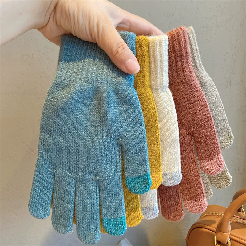 Solid Color Knitted Touchscreen Gloves for Women, Winter Warm Windproof Cycling Gloves
