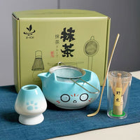 Japanese Matcha Tea Ceremony Set with Whisk Holder and Cartoon Ceramic Bowl