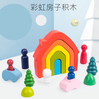 Wooden Rainbow Stacking Blocks Set with Peg Dolls for Kids, Educational Creative Building Toy