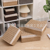Woven Storage Basket with Lid, Rattan Fabric Desktop Organizer for Sundries and Remote Controls