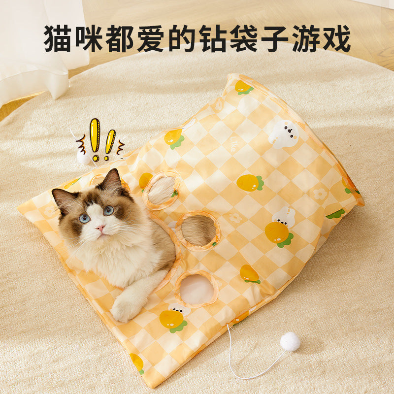 Cat Tunnel Play Mat with Crinkle Paper, Chew Toys, and Plush Balls for Indoor Cats