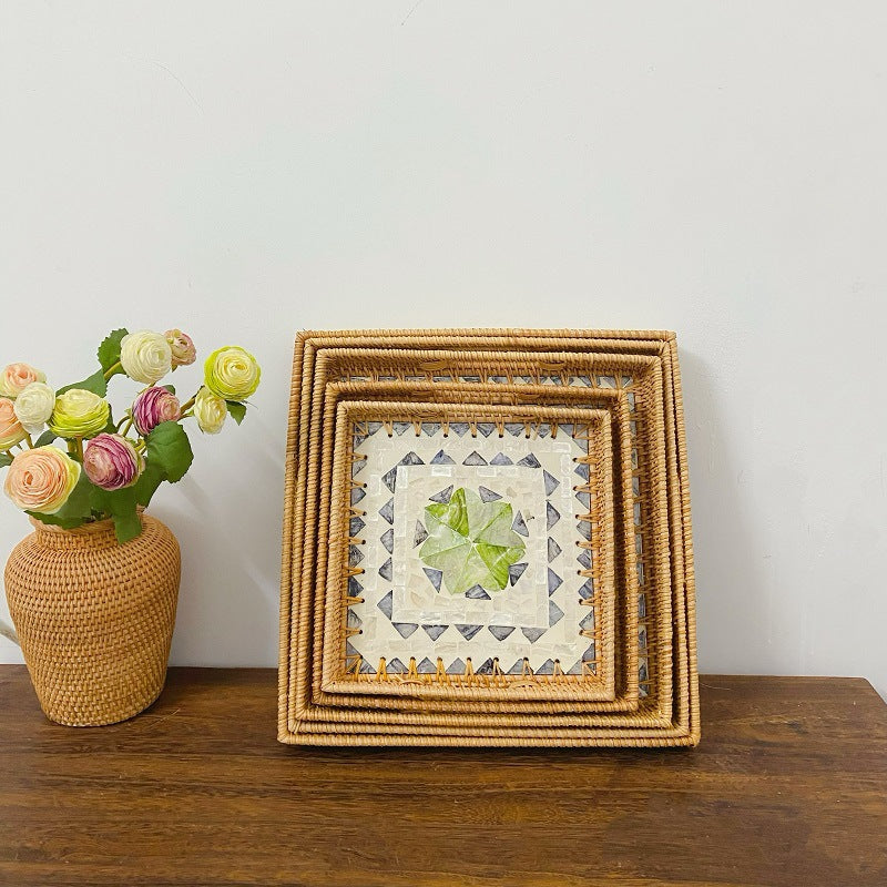 Vietnamese Rattan Woven Nordic Style Square Shell Tray for Home Living Room Coffee Table Storage