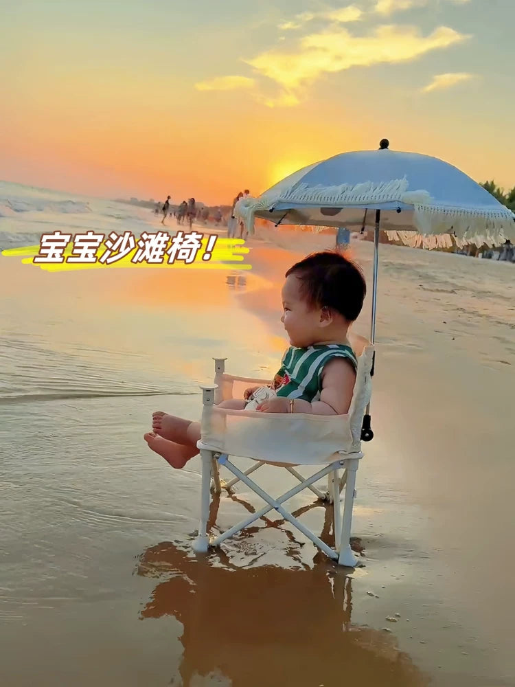 Foldable Baby Beach Chair with Umbrella, Portable Outdoor Camping and Picnic High Chair with Tray and Storage Bag