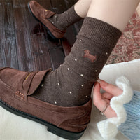 Women's Cashmere Blend Dachshund Embroidered Polka Dot Mid-Calf Socks