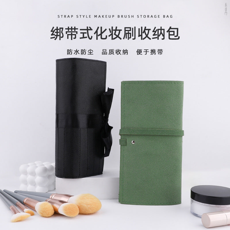 Portable Lychee Pattern PU Leather Cosmetic Brush Organizer Bag with Strap, Dustproof Travel Makeup Pouch