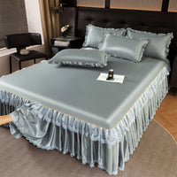 3-Piece Ice Silk Cooling Mat Bed Skirt Set with Pillowcases, Machine Washable & Foldable
