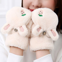 Winter Plush Bunny Ear Flip-Top Half-Finger Gloves for Women, Touchscreen Compatible