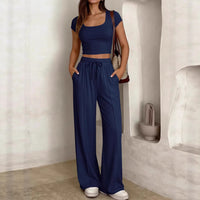 Women's Y2K Casual Slim Fit Two-Piece Short Sleeve Top and Long Pants Set