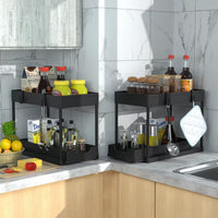 Pull-Out 2-Tier Kitchen Countertop Storage Rack with Hooks and Chopstick Holders