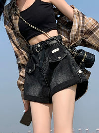 Women's High-Waist Black Denim Shorts with Rolled Hem and A-Line Design
