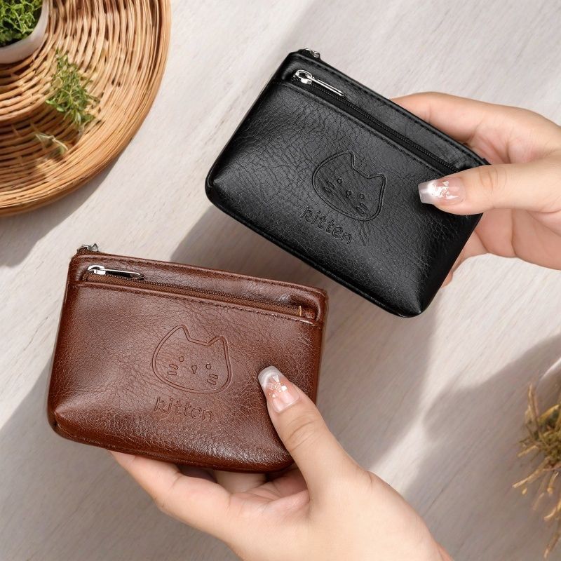 Cute Cartoon Cat Genuine Leather Coin Purse Portable Earphone Card Holder