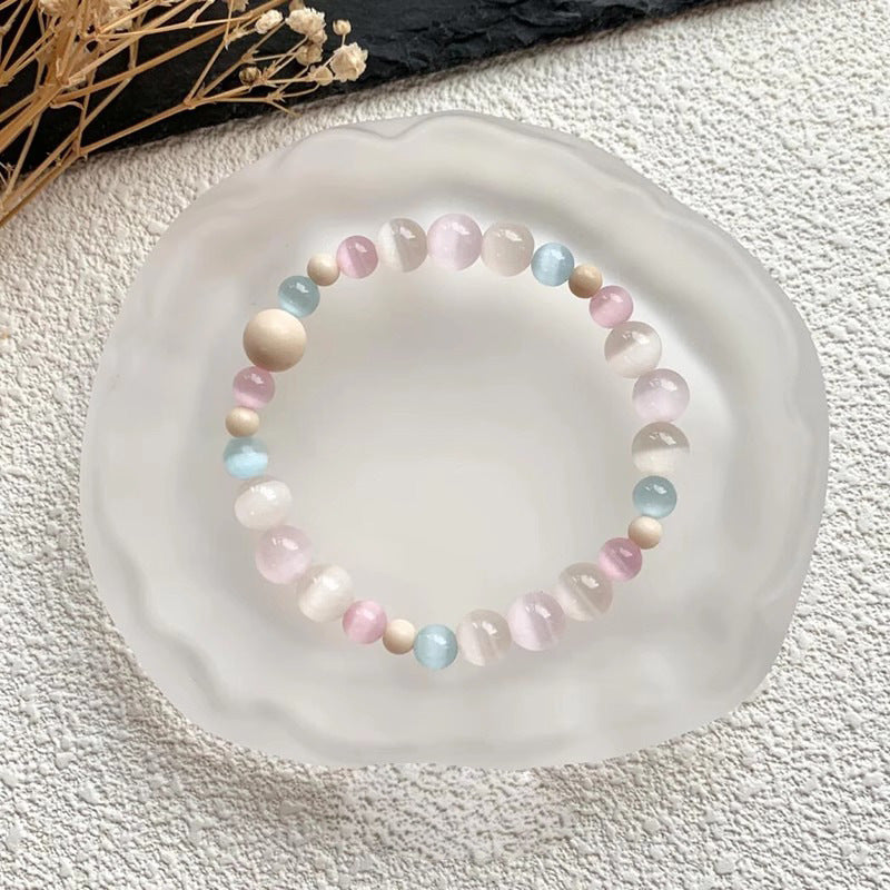Litchi Jelly Cat's Eye Stone Bracelet New Chinese Style Retro White Fossil Beaded Hand Jewelry