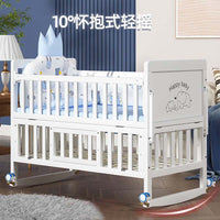 White Solid Wood Multifunctional Baby Crib with Wheels, Newborn Infant Bassinet, Can Be Spliced to Large Bed