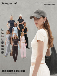Women's Casual Short Sleeve Crop Top and High Waist Straight Leg Pants Set