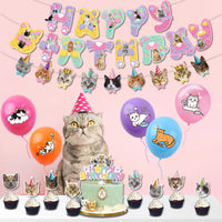 Cat Theme Birthday Party Decoration Set with Banner, Cake Toppers, and Balloons