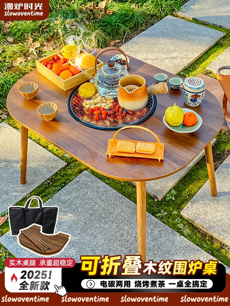 Electric and Charcoal Dual-Use Fire Pit Set for Home Patio Outdoor Gatherings, Foldable BBQ Table
