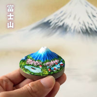 Mount Fuji Ceramic Diffuser Stone & Miniature Ornament Set, Hand-Painted Japanese Micro-Landscape Decor with Cherry Blossom