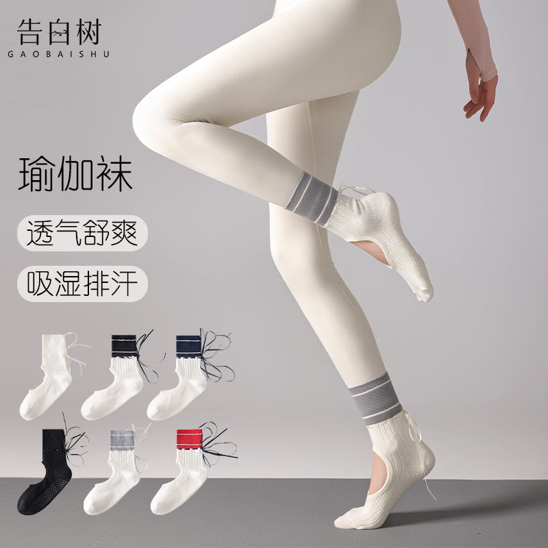 Women's Non-Slip Yoga Pilates Ballet Dance Socks with Straps and Ribbons, Sweat-Absorbing