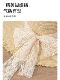 French Style Wide Brim Straw Sun Hat with Lace Tie for Beach Vacation