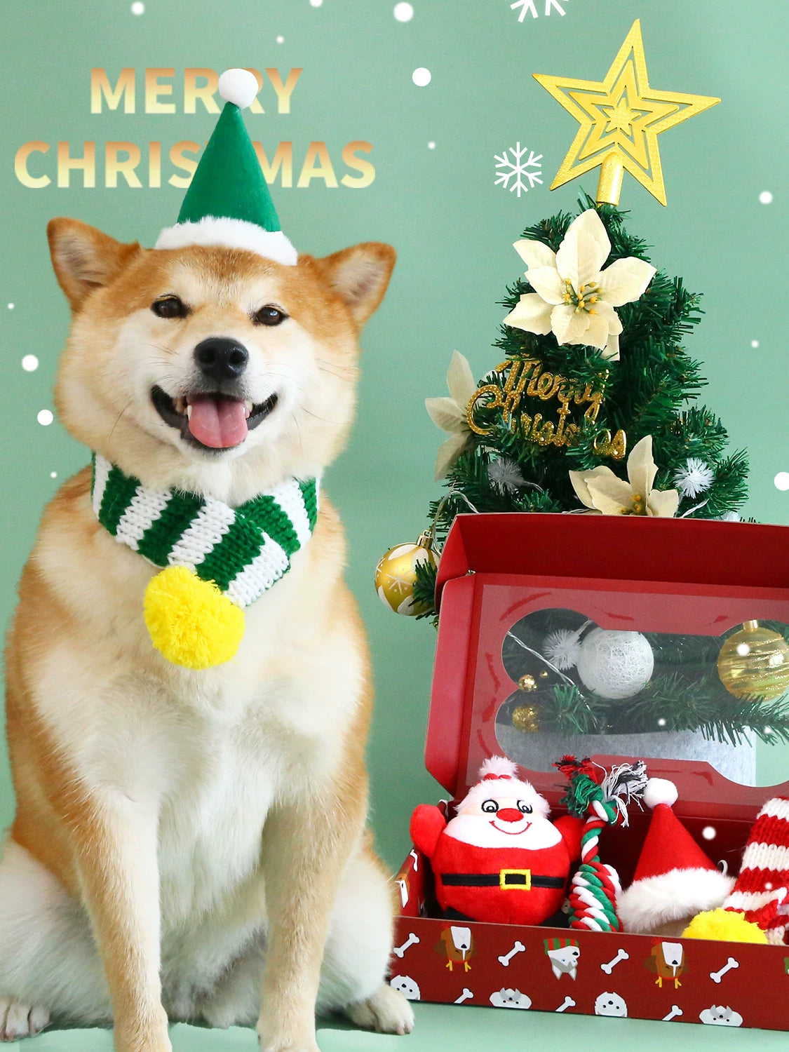 Christmas Dog Toy Set with Scarf and Hat, Squeaky Chew Rope Toys for Festive Photos
