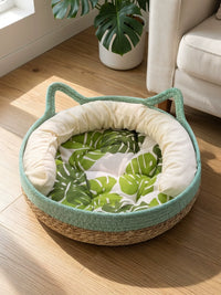Handwoven Rattan Cat Bed with Scratching Board, All-Season Removable Washable Pet Nest