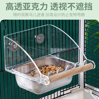 Acrylic Bird Feeder with Stainless Steel Bowls for Parrots, Anti-Scatter Design
