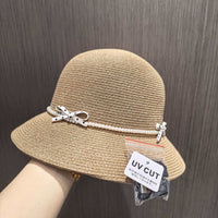 Elegant Bowknot Pearl Tie Straw Hat UPF50+ Sun Protection Fisherman Hat for Women