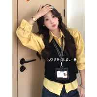 Korean Style Autumn Outfit Yellow Long Sleeve Shirt and Knit Vest Two-Piece Set