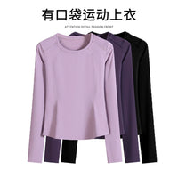 Women's Breathable Mesh Yoga Top with Pockets, Quick-Dry Long Sleeve Running Shirt for Fitness & Exercise