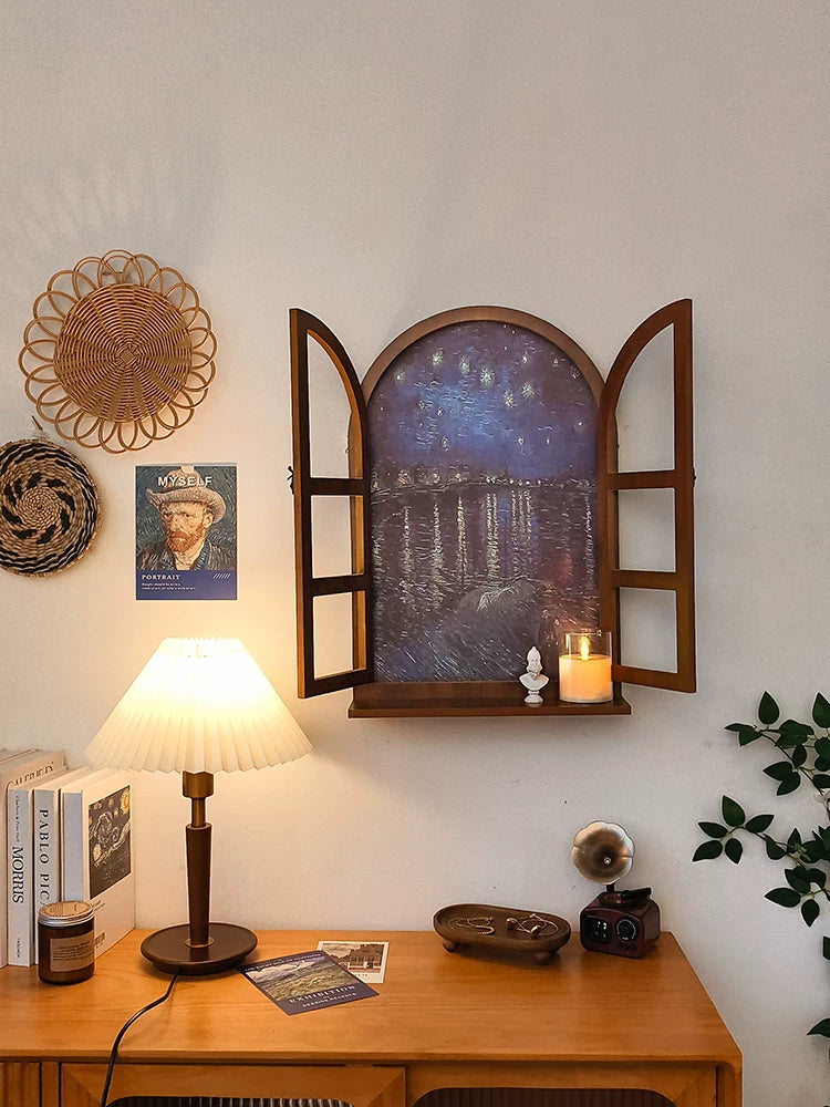 Creative Faux Window Wall Decor with Scenic Oil Painting Inserts for Living Room Art Background