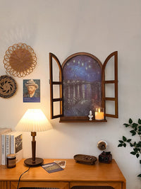 Creative Faux Window Wall Decor with Scenic Oil Painting Inserts for Living Room Art Background