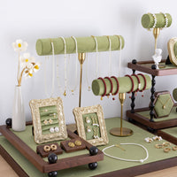 Walnut & Green Velvet Jewelry Display Stand Set for Necklaces, Bracelets, Rings