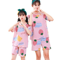 Kids' Cotton Short Sleeve Pajama Set, Thin Summer Cartoon Print Mother-Daughter Matching Homewear