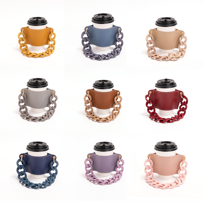 Detachable Chain PU Leather Cup Sleeve for Portable Coffee and Tea Cups, Anti-Scald Insulated Protector