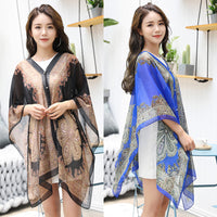 Women's Summer Sun Protection Chiffon Shawl Blouse with Ethnic Print