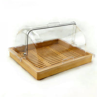 Bamboo Serving Tray with Clear Double-Flip Lid and Divider for Cake and Food Display