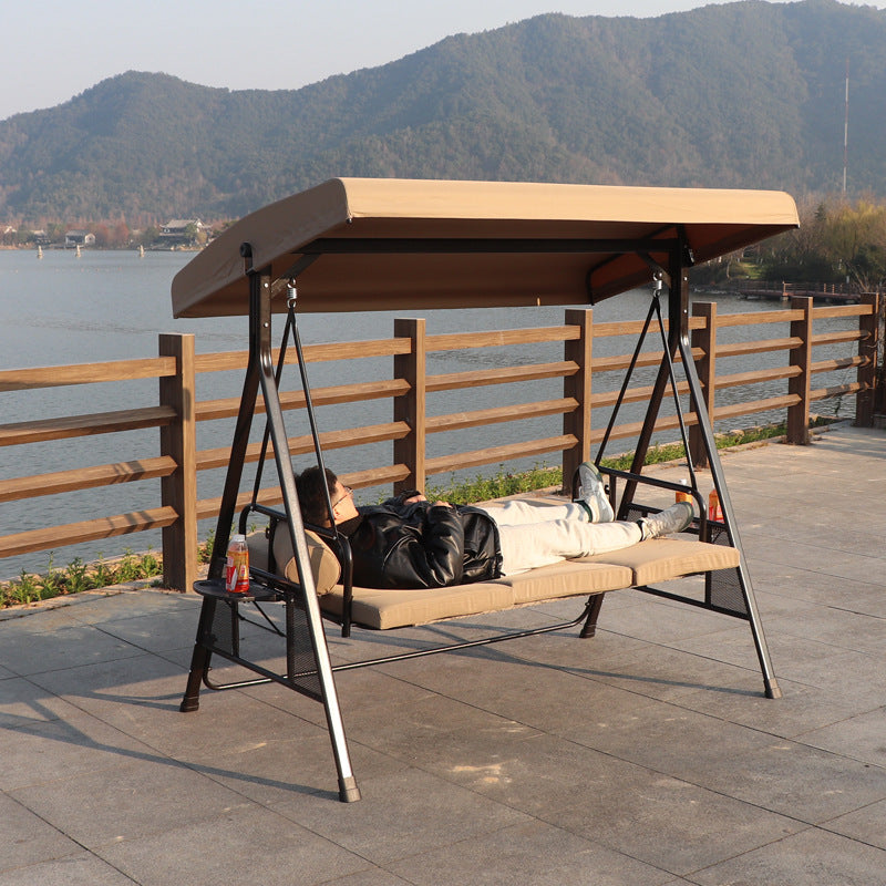Outdoor 3-Person Iron Art Swing Chair with Reclining Function for Patio Garden Balcony