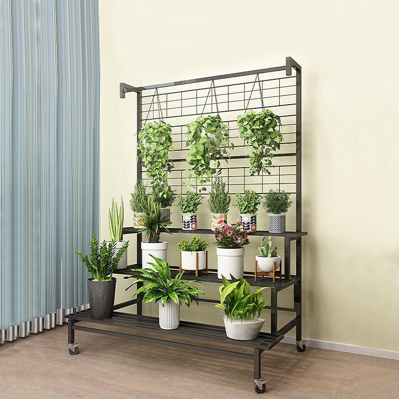 Multi-Tier Rolling Iron Plant Stand with Trellis for Indoor/Outdoor Use
