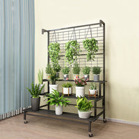 Multi-Tier Rolling Iron Plant Stand with Trellis for Indoor/Outdoor Use