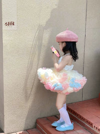 Girls' Korean Style Lace Hollow Tutu Dress Set for Summer