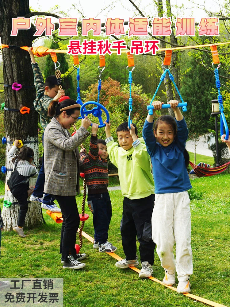 Kids Indoor Outdoor Climbing Rope Swing Set with Rings and Disc for Sensory Integration Training